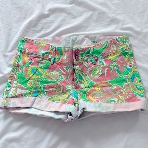 Printed denim shorts